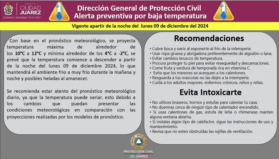 SE EMITE ALERTA POR BAJAS TEMPERATURAS PROTECCIÓN CIVIL